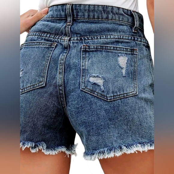 Dark Blue Distressed Frayed Detail Fringe Rhinestone Denim Shorts - Picture 4 of 11